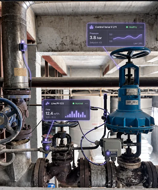 A plant control valve with live pressure and flow readings overlaid on the pipework