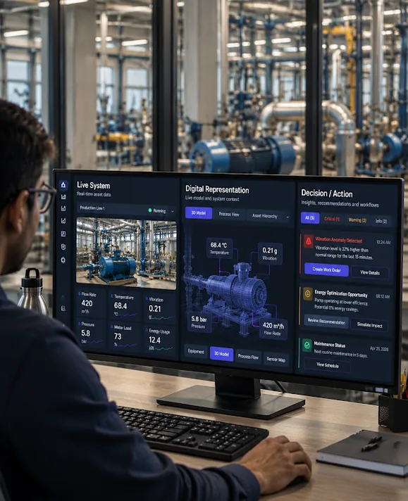 An engineer reviewing a digital twin of plant equipment, from live system data through to decisions and actions