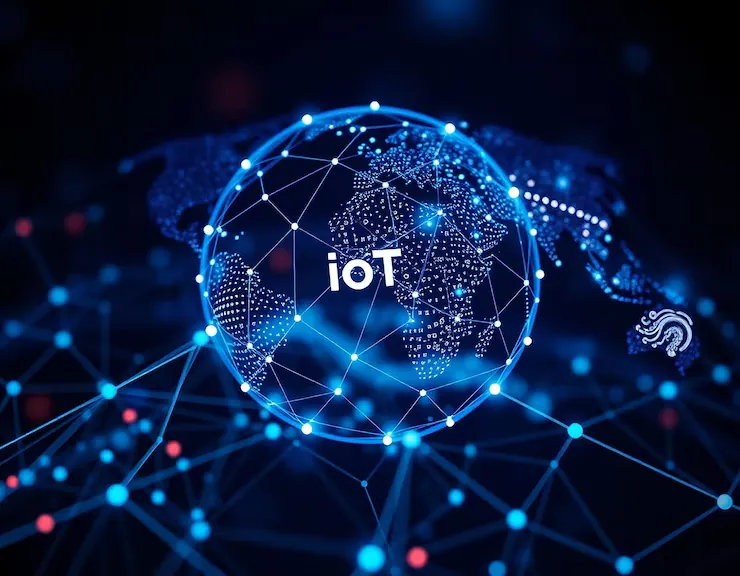 Globe wrapped in an illuminated IoT sensor network