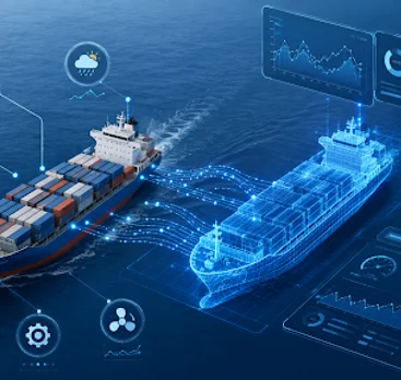 Container ship beside its digital twin, with live routing and sensor overlays