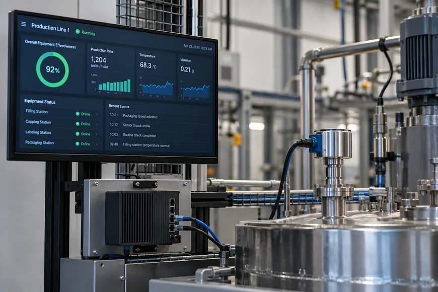A production-line dashboard showing equipment effectiveness and station status, mounted beside factory equipment